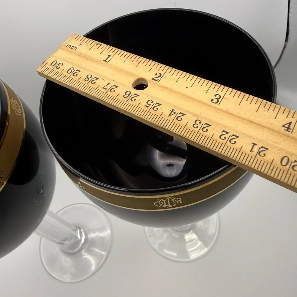 2 VTG Christian Dior Ebony Gold Encrusted Water Goblet Wine Crystal Jpn Stemware